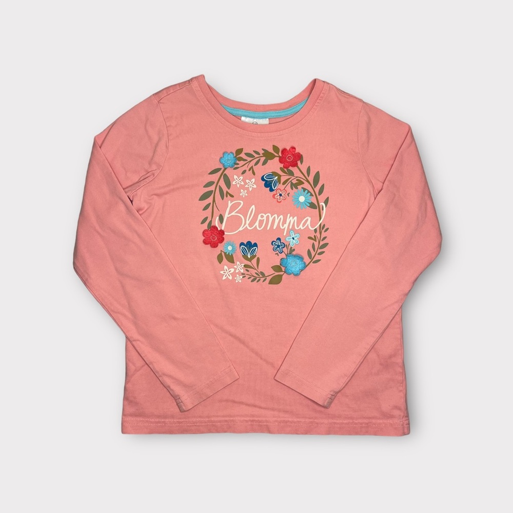 Hanna Andersson Pink Long Sleeve Floral Felt Bloomma Graphic Text Shirt